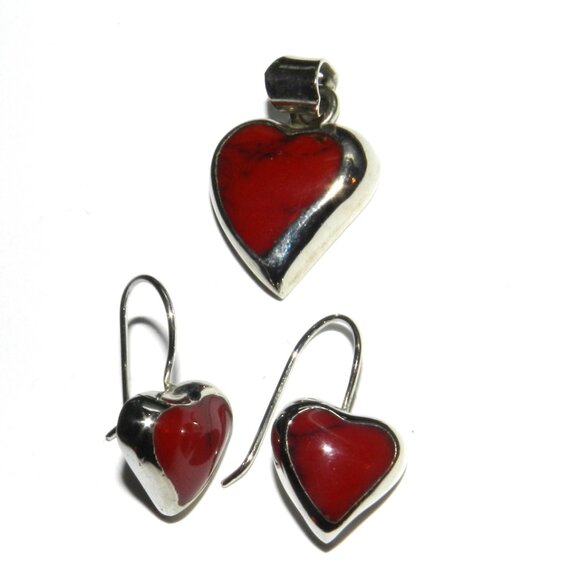 ATI Red Jasper Sterling Silver Mexico Earrings And Heart Shape Pendant Very Rare - Picture 2 of 10